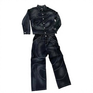 OEM Custom Denim Jacket Wash Fashion Jeans Set Denim 2 Piece Set Jacket and Sweatpants Set Tracksuit Manufacturer - Product Image 1