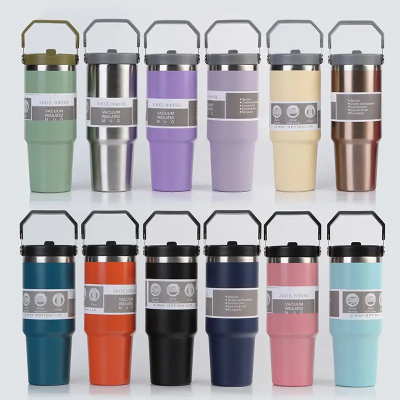 Hot Sale 20/30oz Iceflow Spill And Feak proof Reusable Flip Straw Tumbler Vacuum Insulated Water Bottle With Screw Handle Lid