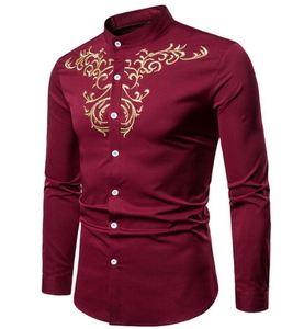 Dernier modèle de broderie de palais pour hommes Chemise habillée élégante à manches longues et à col montant et coupe ajustée pour hommes - Product Image 1