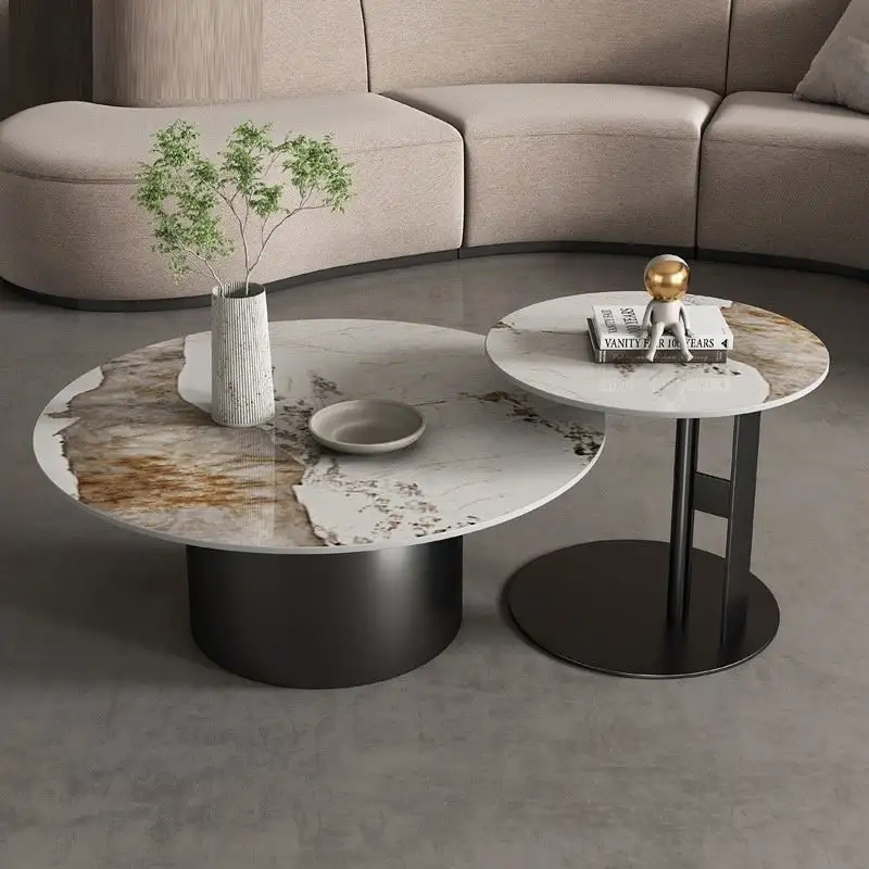 Meja sofa bulat mewah, meja kopi bulat batu sintered pusat rumah untuk ruang tamu