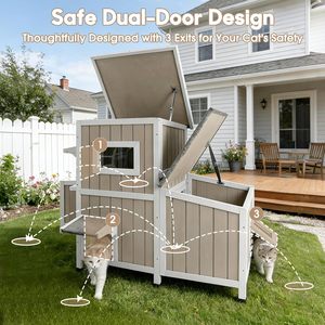 Outdoor House for 2-3 <b>Small</b> Cats 2-Story Weatherproof Fir Wood PVC Feeding Station Openable Roof 3 Rooms - Product Image 2