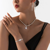 Parures de bijoux de mode européennes - Collier, boucles d'oreilles et bracelet en zircon de luxe léger pour femme, mariée, soirée, accessoires de mariage