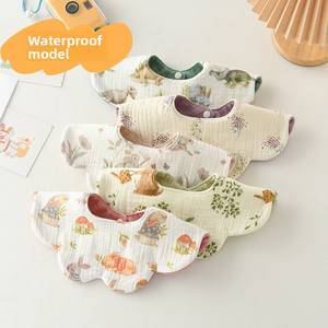 Bavoir imperméable double usage de style coréen, 100% coton, motif de fleurs ondulées pour bébés et tout-petits - Product Image 3