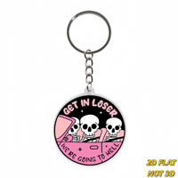 Porte-clés Pink Ride, design humoristique 'Get in Loser' avec 3 squelettes dans la voiture, accessoire gothique original pour clés ou sacs à dos
