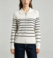 Veste en tricot zippée à rayures décontractée pour femmes, cardigan en tricot côtelé à manches longues et coupe ajustée