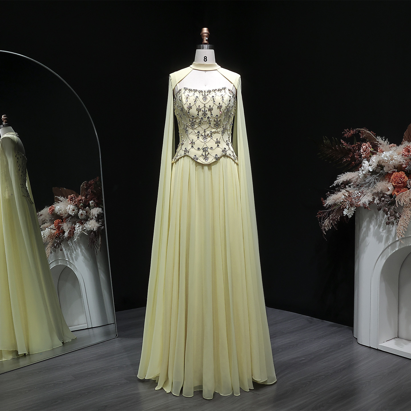 Cape Style Evening Dress - A-Line Floor-Length Beaded Design
