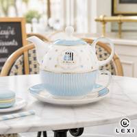 Service à thé individuel en céramique, théière et tasse avec soucoupe, motif rayé bleu, Château, Mandala, Citrouille Cendrillon, thème Histoires de la Pampa