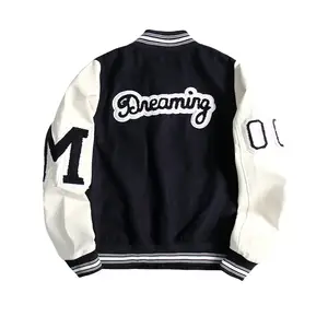 Custom Logo Men Streetwear Leather Sleeve Warm Baseball Letterman Varsity Jackets