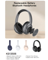 Casque sans fil Bluetooth à batterie amovible, suppression active du bruit (ANC), circum-auriculaire, haut-parleur stéréo 40 mm, autonomie de 40 heures