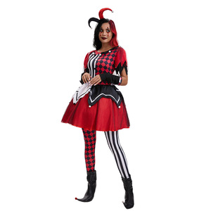 Disfraz de payaso Harlequin, vestido a cuadros rojo y negro con medias a rayas y sombrero para fiesta de Halloween, actuación en escenario, talla para adultos - Product Image 3