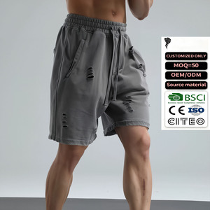 <b>Men</b> Vintage Washed Ripped Cotton Shorts Oversized Baggy <b>Cropped</b> Drawstring Casual Streetwear <b>Pants</b> OEM Custom Logo - Product Image 1