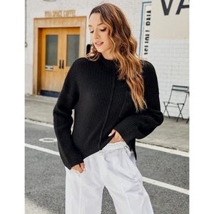 Pull en maille à col montant pour femme, à manches longues, avec poche, décontracté, anti-boulochage, pour l'automne - Product Image 2
