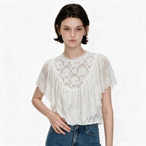 <b>White</b> <b>Lace</b> Layered Women T Shirt Short Sleeve Knitted <b>Top</b> Floral Sheer Peplum Tee Summer Wear - Product Image 2