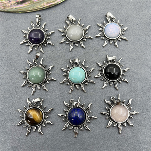 Liontin bentuk matahari perak antik dengan antik batu alam Cabochons pengaturan Bezel tatahan Reiki penyembuhan jimat perhiasan kalung - Product Image 2