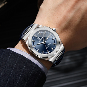 Binbond Men's Quartz Watch Blue Dial Leather Strap Calendar Week Display Waterproof Analog 30M 11mm - Product Image 3