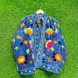 <b>Women</b> Sky Blue <b>Velvet</b> Suzani Embroidered <b>Jacket</b> with Floral Pattern Full Sleeve Stand Collar Bohemian <b>Women's</b> Spring Outerwear - Product Image 1