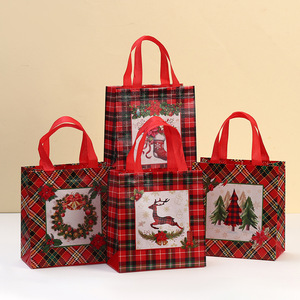 Non Woven Fabric Christmas <b>Gift</b> <b>Bags</b> Red Plaid Printed Fashion Style 23x22x11cm For Holiday <b>Party</b> Packaging - Product Image 2