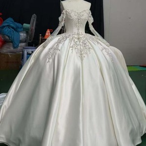 Vestido de Novia Romántico Jancember Hz034, Color Marfil, Hombros Descubiertos, Adornado con Cuentas de Cristal, Manga Corta, Cintura Ajustada, Satén Duquesa, Estilo Princesa - Product Image 3