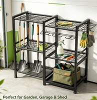 Étagère de rangement de jardin en métal noir, organisateur d'outils multi-niveaux avec crochets de suspension pour abri de jardin, garage, balcon, vente en gros