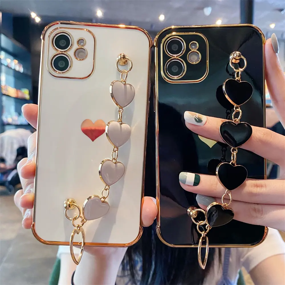 Soft Bracelet Love Heart Square Luxury Phone Case For iPhone 12 13 14 Plus Pro Max XS X XR SE Electroplated Bumper Back Cover