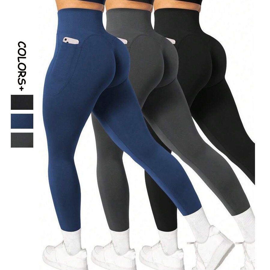 Women's High Waist Water-Wicking Yoga Pants Seamless Peach Hip Elastic Pockets Solid Color Fitness Sports Tights Spandex/Nylon