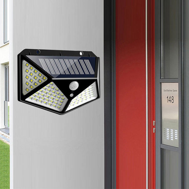 IP65 Waterproof 100-Led Solar Motion Sensor Wall Mount Light with 120 PIR Sensing and Warm White for Garden Outdoor Use