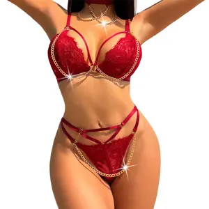 2024 Bestes Valentinsgeschenk erotische rote Spitze ausgehöhlt Dessous damen sexy G-String Körperkette heiß drei-Punkte-Dessous sexy