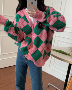 Cardigan coréen d'hiver ample pull manteau diamant <span class=keywords><strong>Plaid</strong></span> chemise à manches longues tricoté Cardigan épais femmes - Product Image 3