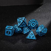 Vente en gros de dés polyédriques en acrylique à motif rétro noir et bleu gravés sur mesure, 7 pièces, pour jeux de table DND MTG