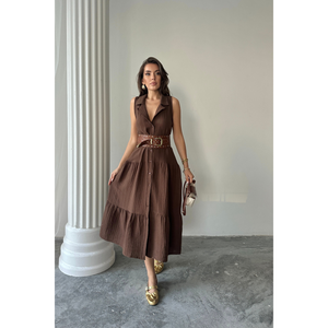 VESTIDO DE MUSLINA SIN MANGAS CON BOTONES EN LA PARTE DELANTERA, COLOR MARRÓN MEDIO, VESTIDO DE TRABAJO - Product Image 4