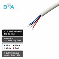 Câble de commande de machine sur mesure OEM, 30AWG, 4 conducteurs, avec borne en laiton 190T et extrémité dénudée