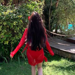 Women's Sexy <strong>Bikini</strong> <strong>Set</strong> Four Piece <strong>Set</strong> Big <strong>Red</strong> Solid Color Split Style Long Sleeved Swimsuit Regular Fit Waist Logo - Product Image 4