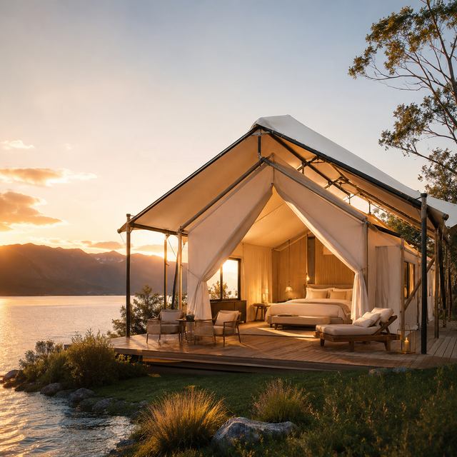 Beachside Luxury Glamping Tent UV Resistant Waterproof Canvas Safari Lodge for Hotel Resort Holiday Park Tent