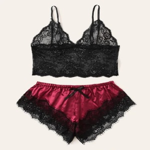 Lencería Sexy para mujer, 2 uds., Sujetador de encaje de tentación transparente, pantalones cortos de satén, ropa interior erótica, ropa de dormir suave y madura - Product Image 1