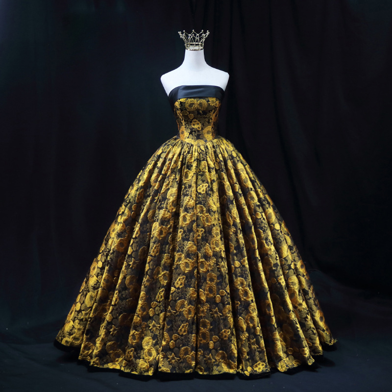 2023 Black Gold Satin Wedding Dress with Crystal & Ruffles 2023 Black Gold Satin Wedding Dress with Crystal & Ruffles