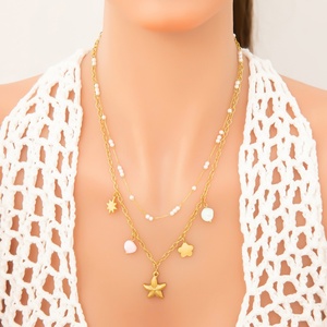 Women's Trendy 18K Gold Plated Stainless Steel <b>Titanium</b> Necklace with Natural Stone Pendant 18-Inch Collarbone <b>Chain</b> for Parties - Product Image 1