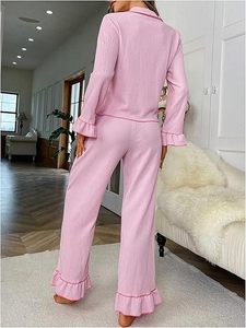 Ensemble de pyjamas en coton pour femmes sur mesure vêtements de détente plissés à manches longues pyjamas de couleur unie printemps et automne vente en gros - Product Image 4
