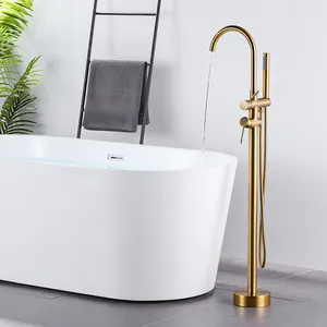 ก๊อกน้ำอ่างอาบน้ำแบบยืนพร้อมฝักบัวแบบมือถือและก๊อกหมุนก๊อกผสมอ่างอาบน้ำสีทอง
