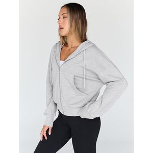 Sudadera con capucha corta de mujer con cremallera completa, hombros caídos, mezcla de algodón, ropa casual para gimnasio, chaqueta de punto transpirable - Product Image 4