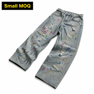 Vaqueros anchos de mezclilla para hombre, estilo hip hop, pintados a mano, rasgados, de tiro medio, lavables, de algodón, para otoño - Product Image 1