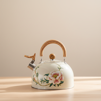 Nouvelle Bouilloire Siffleuse Transfrontalière à Motif Floral, Style Minimaliste Moderne et Délicat, Luxe Léger, avec Poignée en Bois et Couvercle