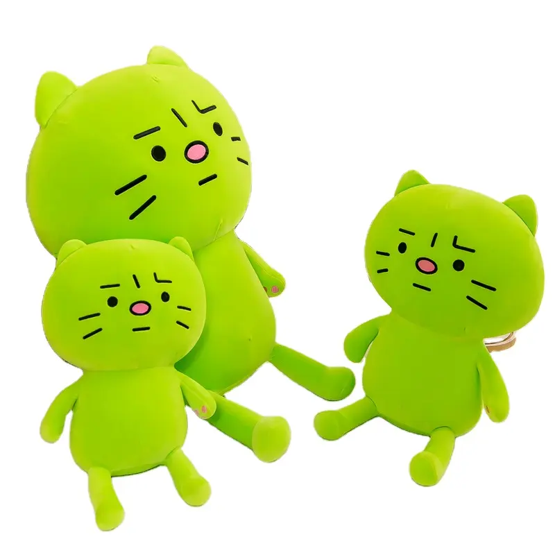 Free sample green cat stuffed animal plush toy anxiety toys soft cat big hugging plush cat plush squishy pillow