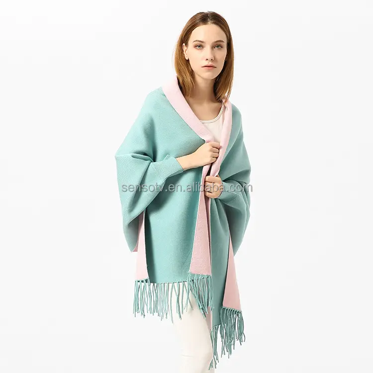 Nieuwe Herfst Winter Sjaal Effen Omkeerbare Wollen Cape Trendy Poncho Kasjmier Cape Cape Tippet Warme Kwast Sjaal Vrouwen Capes