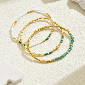 Women's <b>Beaded</b> Bracelet <b>Set</b> Green Gold Crystal Bohemian Style Jewelry Gift - Product Image 2