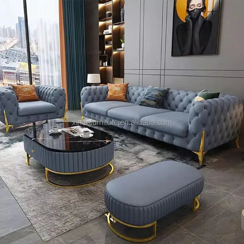 Conjunto de sofá de couro de veludo, conjunto de sofá com design de chesterfield para casa, sala de estar, pé de ouro