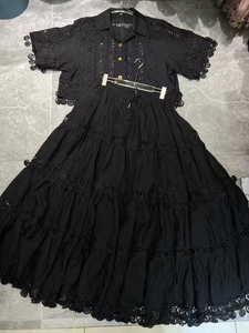 Tuta alla moda primavera estate nuovo Design moda donna <span class=keywords><strong>maglia</strong></span> Vintage a maniche corte in <span class=keywords><strong>pizzo</strong></span> con gonna lunga a trapezio - Product Image 4