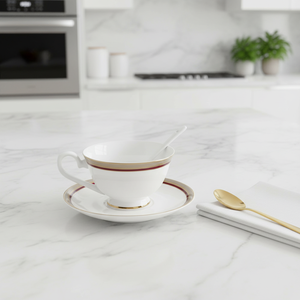 Elegante Juego de Taza y Platillo de Porcelana China con Borde Dorado Rojo, Cuchara Incluida, Ecológico, 200 ml, Estilo Europeo Moderno y Lujoso para Hotel - Product Image 4