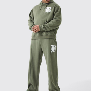 Men's Light <b>Green</b> Hooded Sweatshirt Set Oversized Fit Casual Tracksuit With Pocket Fleece Material Autumn Wear - Product Image 1