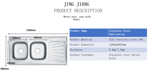 Évier de cuisine double bac en acier inoxydable SUS 304 sur mesure de haute qualité, à encastrer, chromé, avec égouttoir inclus - Product Image 6