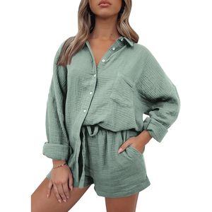 Conjunto de dos piezas para mujer, conjunto corto de verano, transpirable, de manga larga, ropa de dormir tejida. - Product Image 1